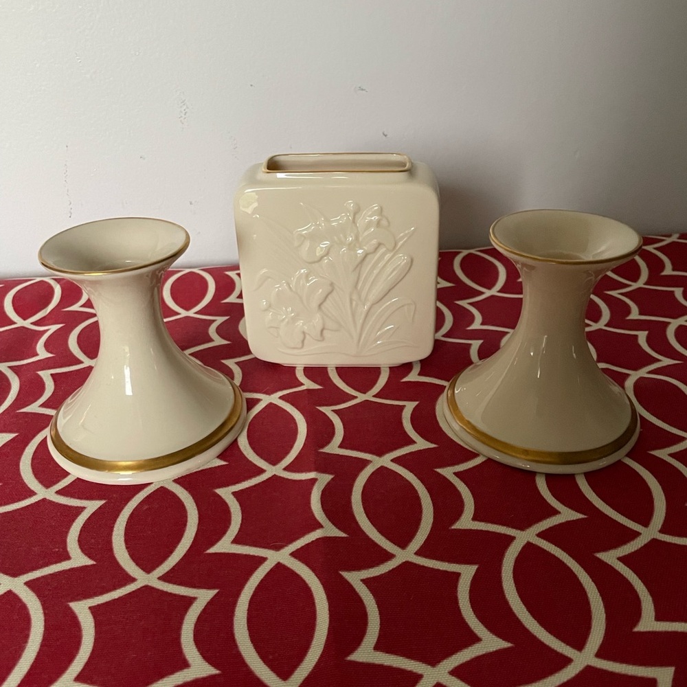 Set of Lenox Tiger Lily Square Vase & 2 Candle Holders
